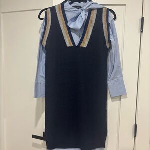 Navy Knit V-Neck Dress with Striped Trim